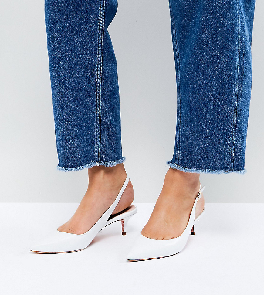 Dune Wide Fit Slingback Leather Kitten Heel - White leather