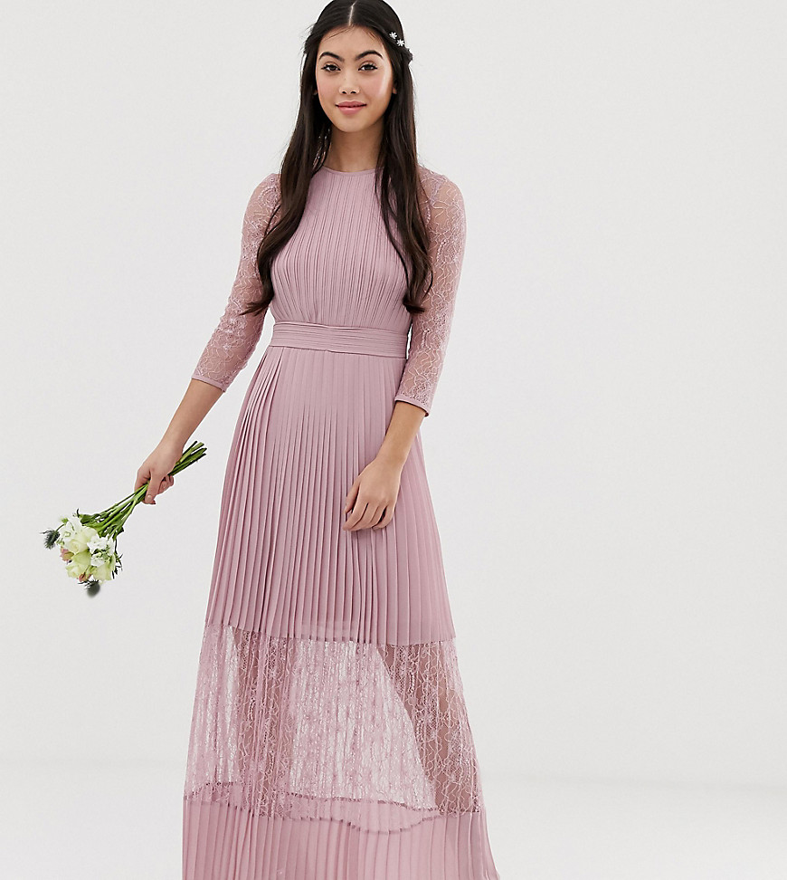TFNC Petite bridesmaid exclusive pleated maxi dress with lace insert in pink