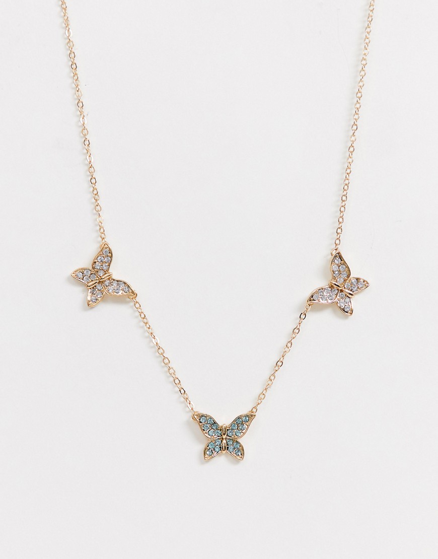 Asos Design Necklace With Pretty Crystal Butterfly Pendants In Gold Tone