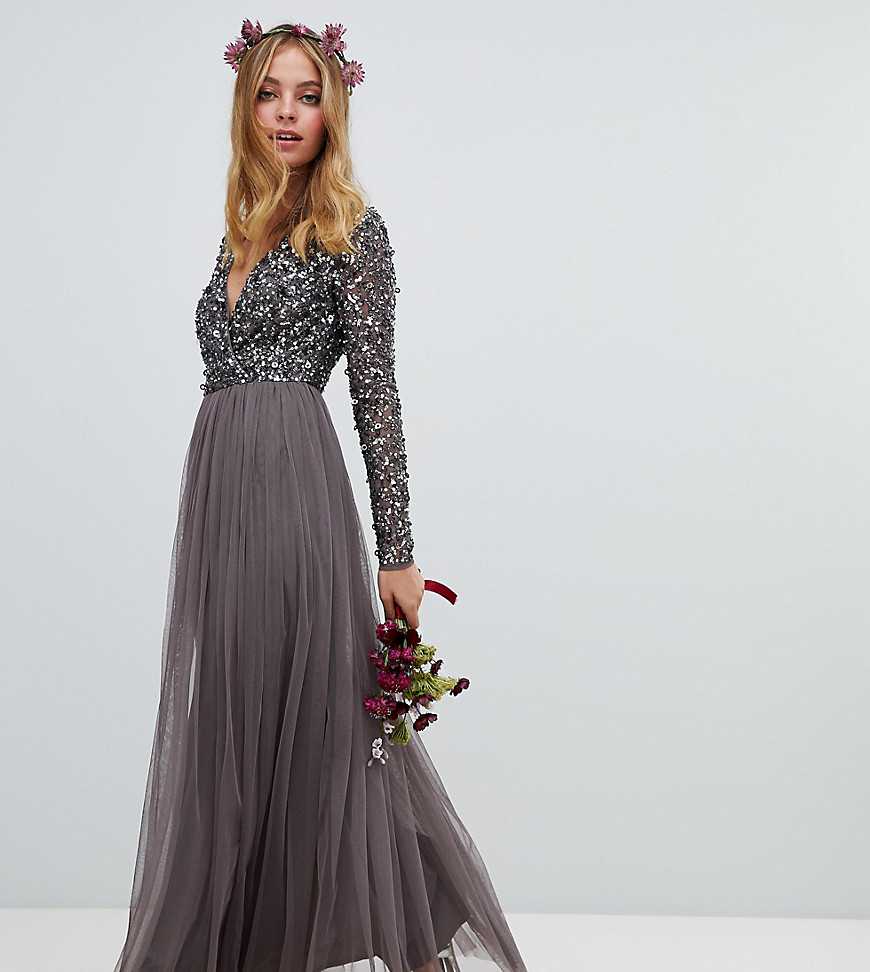 Maya Petite long sleeve wrap front maxi dress with delicate sequin and tulle skirt in charcoal - Charcoal