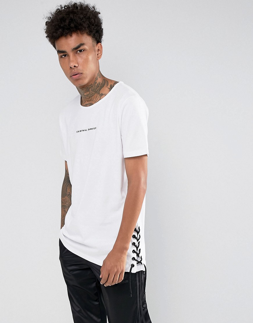 Criminal Damage T-Shirt In White With Lace Sides - White