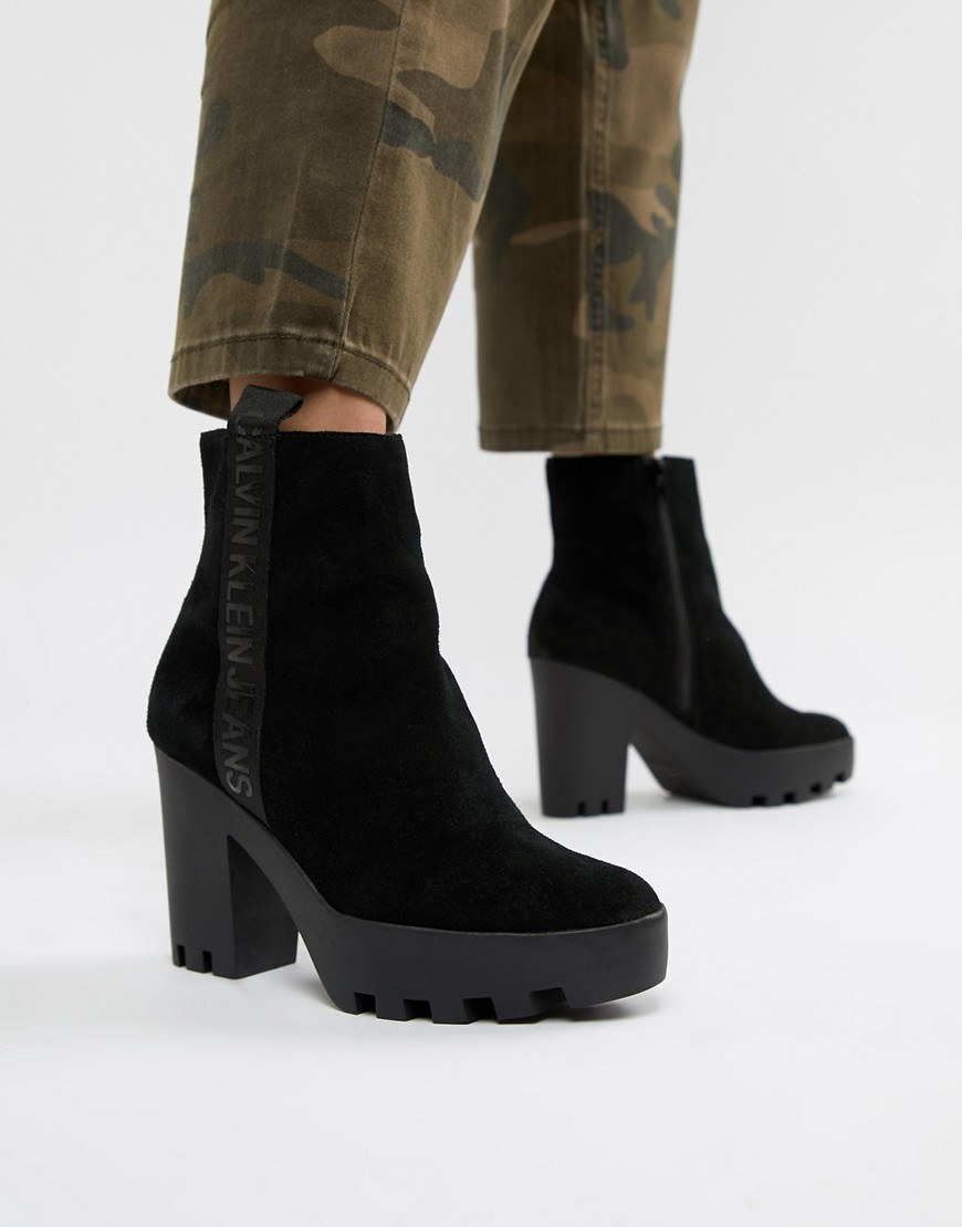 Calvin Klein Serina Black Suede Heeled Chelsea Boots