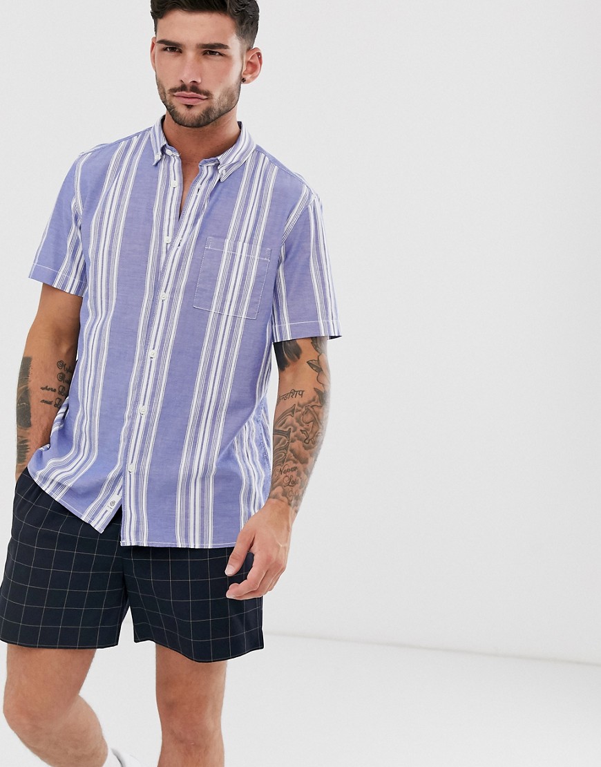 Burton Menswear organic short sleeve revere shirt with blue & white stripe