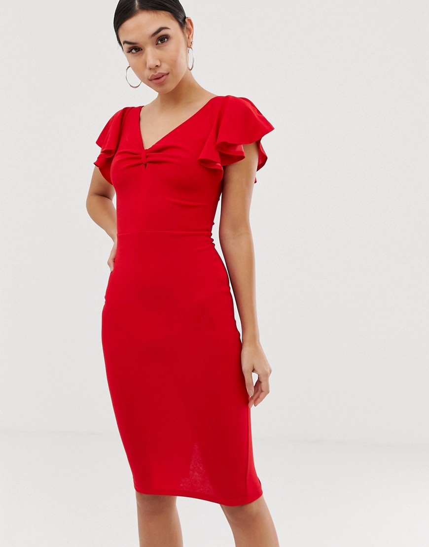 Ax Paris V Neck Ruffle Sleeve Midi Dress-red