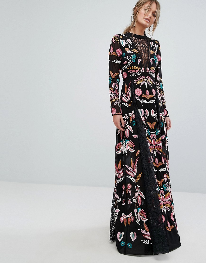 Frock And Frill Embroidered Maxi Dress With Lace Inserts - Black