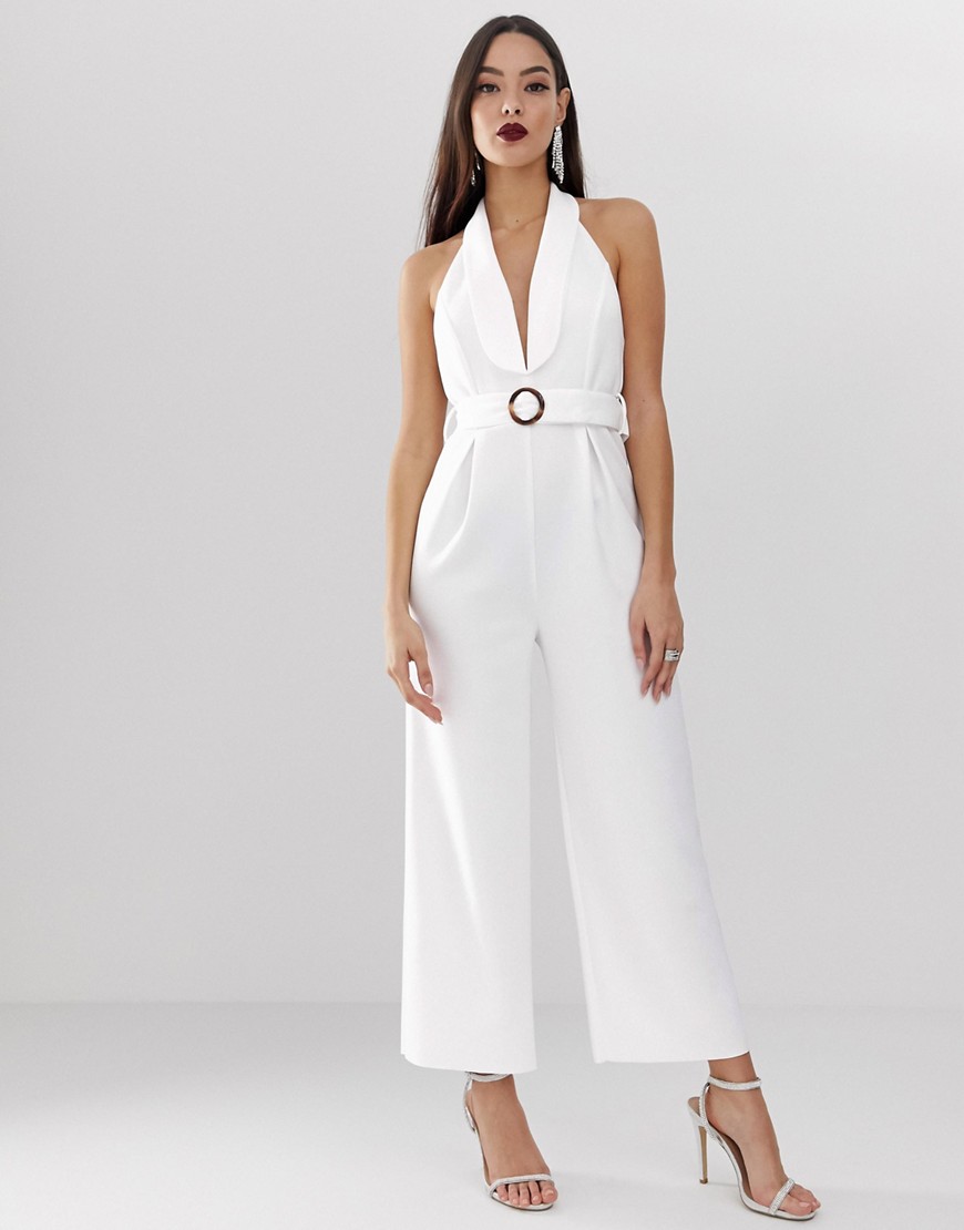 ASOS DESIGN scuba tux collar halter jumpsuit with buckle detail and low back
