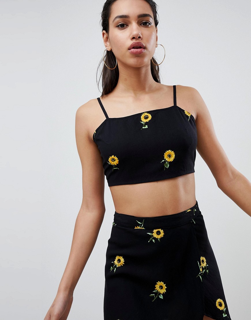 Motel Cami Crop Top With Tie Back In Mini Sunflower Co-Ord