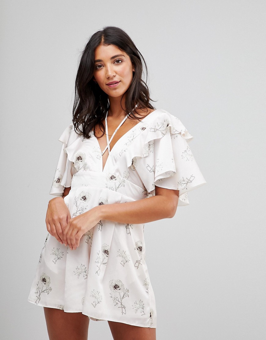 Oh My Love Satin Plunge Playsuit With Frill Sleeves
