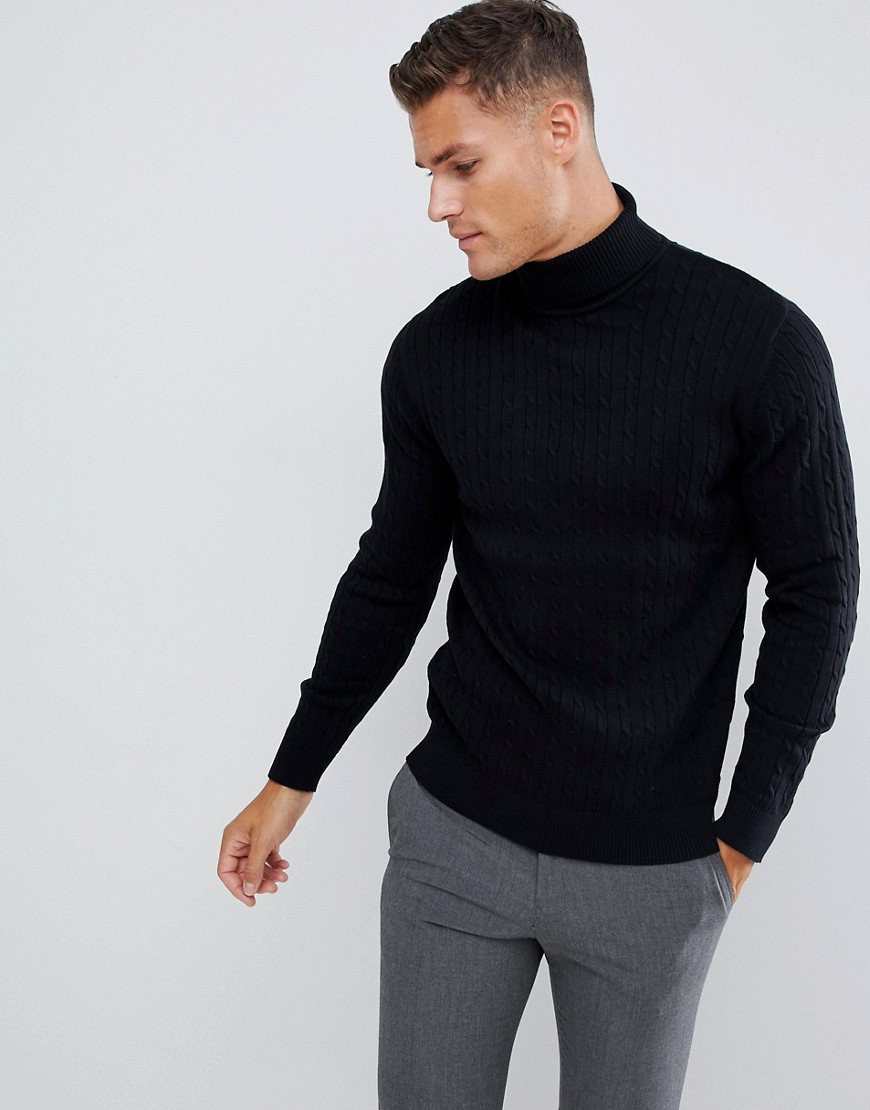 Selected Homme knitted roll neck jumper in cable cotton - Black