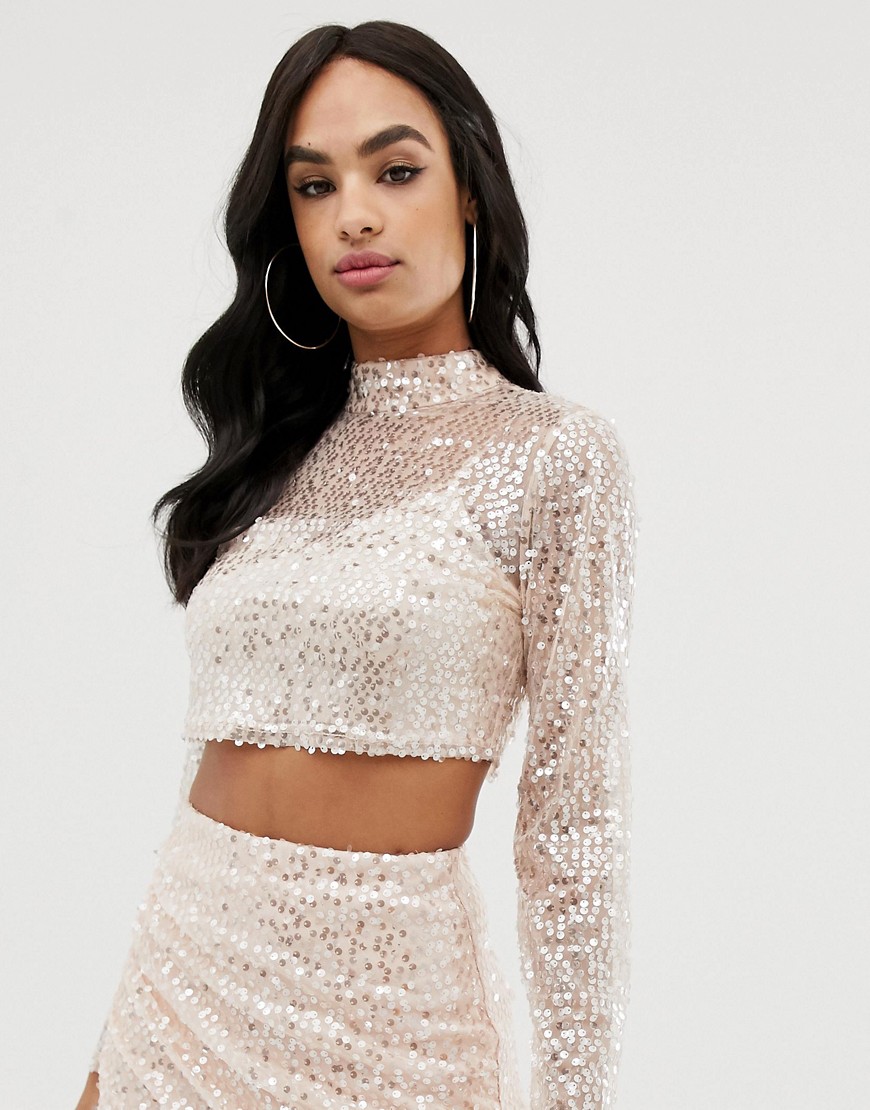 The Girlcode sequin high neck top in pink co-ord