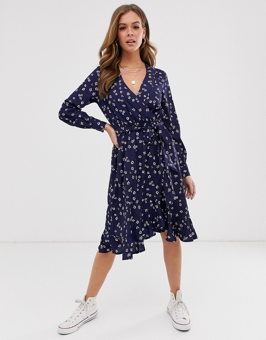 Influence wrap front midi dress in navy floral