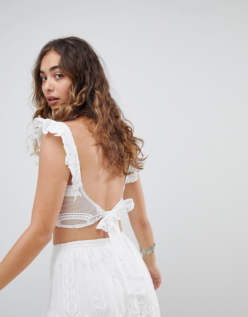 Kiss The Sky Tie Back Crop Top In Lace Co-Ord - White