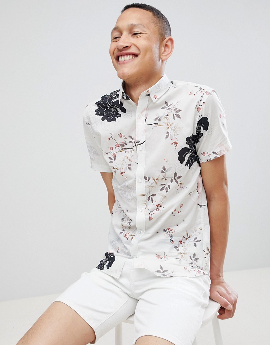 Selected Homme Slim Short Sleeve Shirt With Bird Print - Egret aop