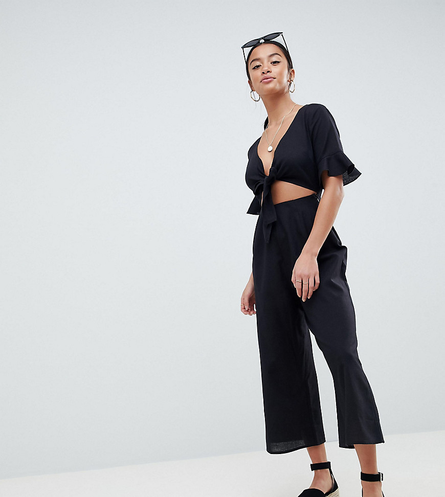 ASOS DESIGN Petite tea jumpsuit with cut out and tie detail in linen