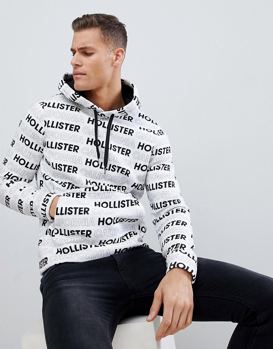 Hollister colour block all over logo print hoodie in white - White pattern