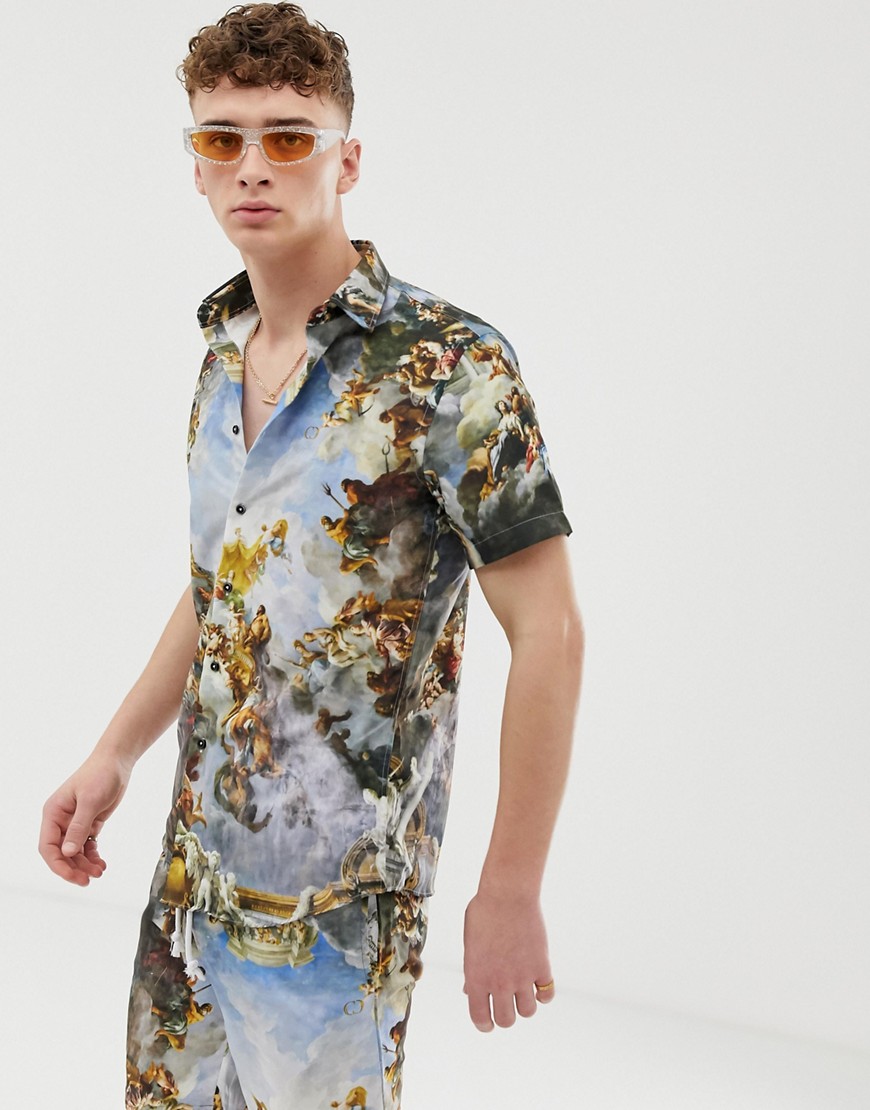 Criminal Damage co-ord shirt in blue with renaissance print