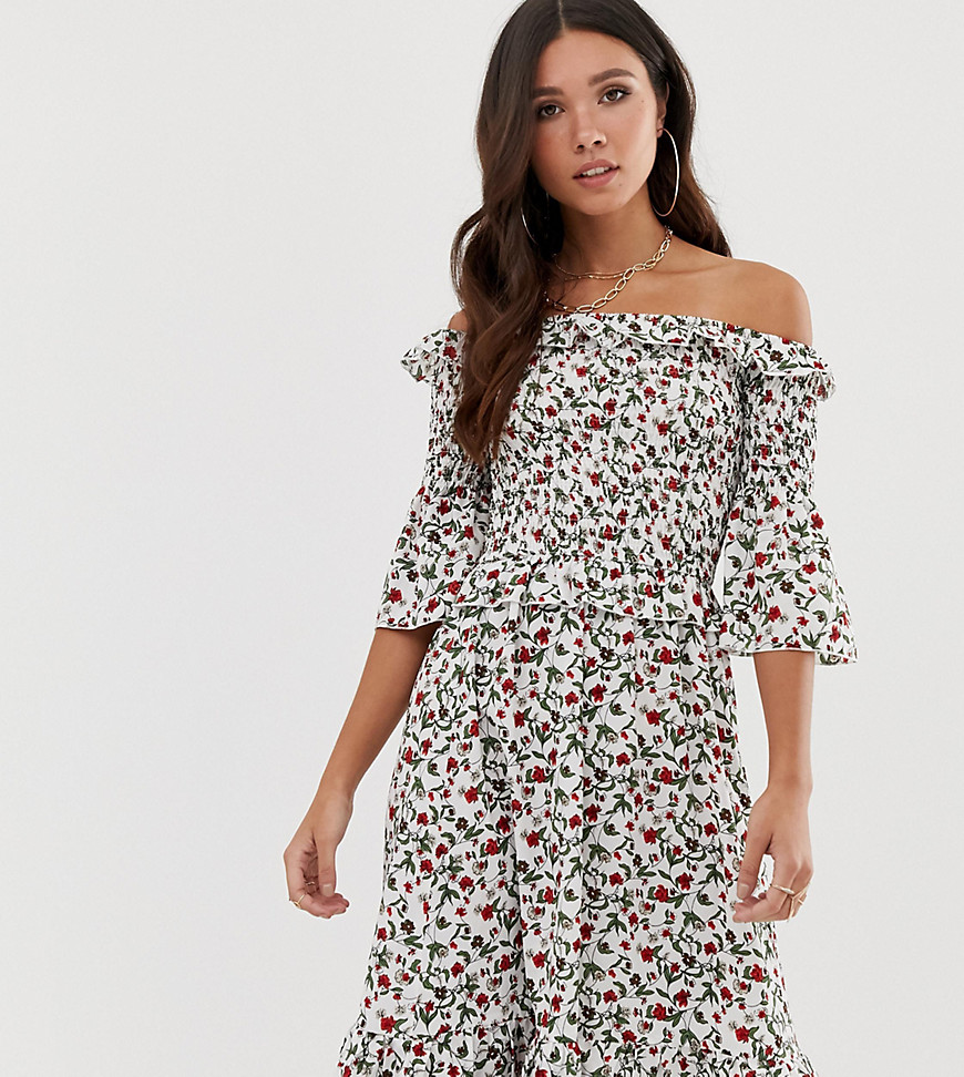 Missguided bardot midi dress with frill detail in floral print