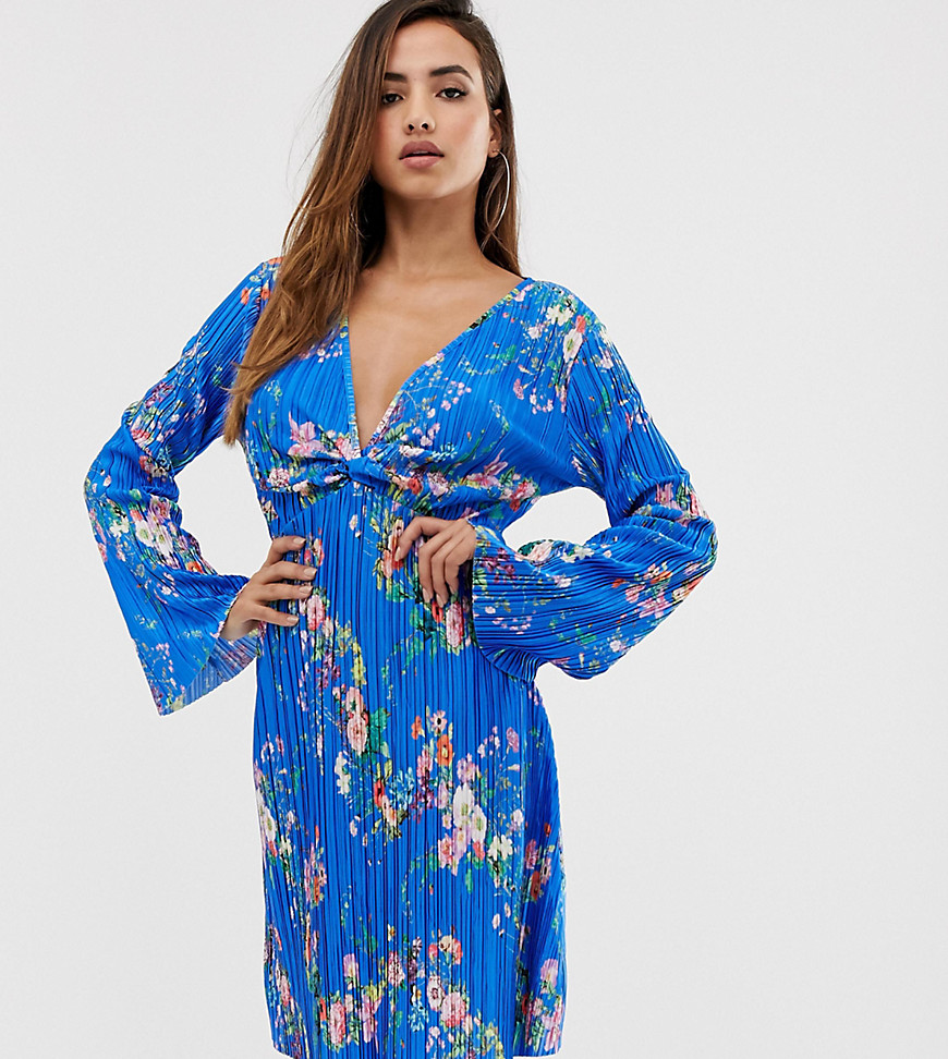 PrettyLittleThing plisse plunge mini dress with flare sleeves in blue floral