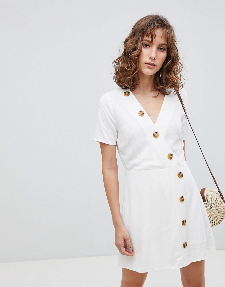 Moon River Linen Mix Button Front Dress - White
