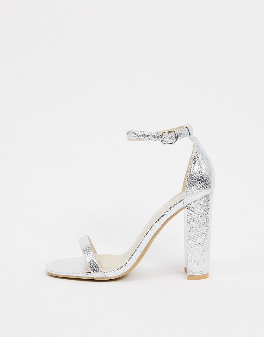 Glamorous silver barely there square toe block heeled sandals