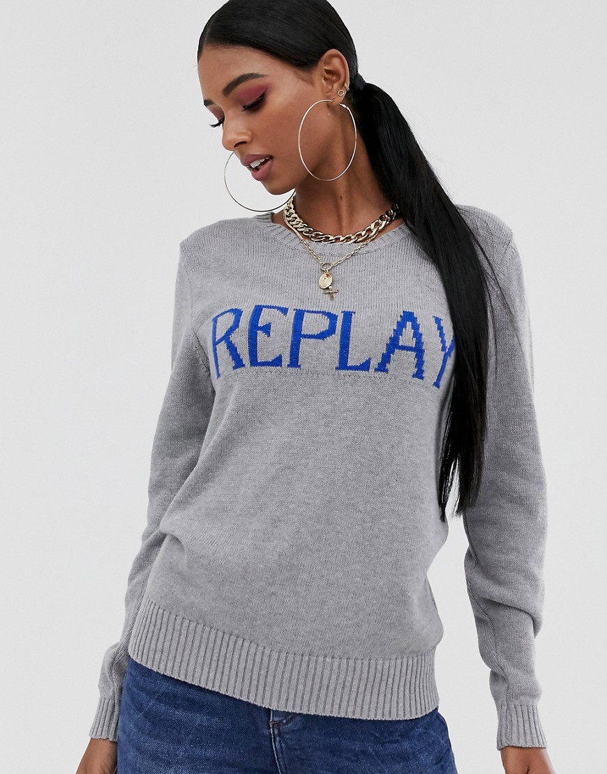 Replay Logo sweater in grey melange