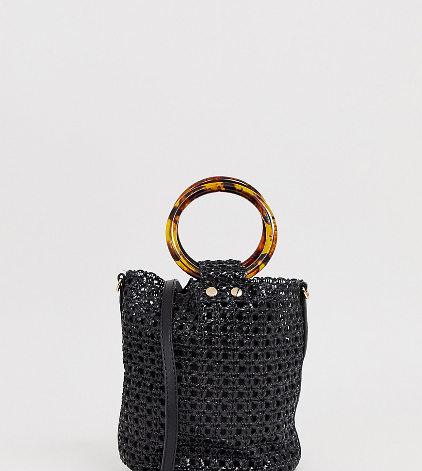 Mango woven bucket bag with tortoiseshell handles in black