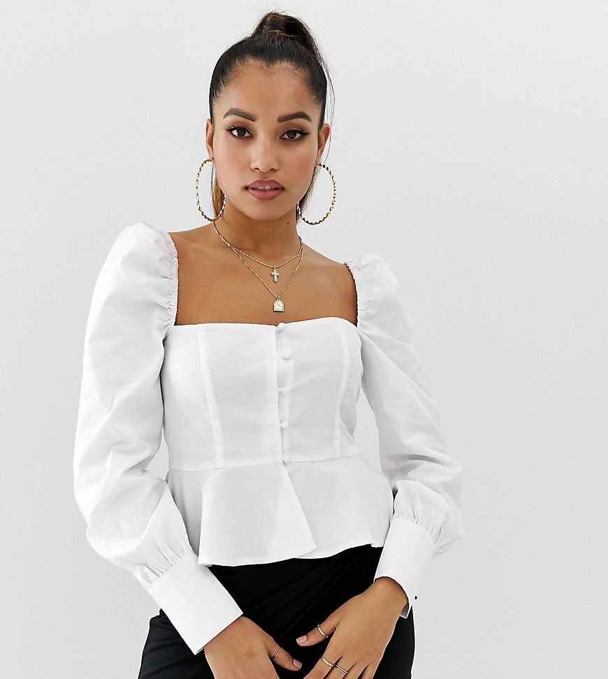 Missguided Petite square neck peplum blouse with puff sleeve in white