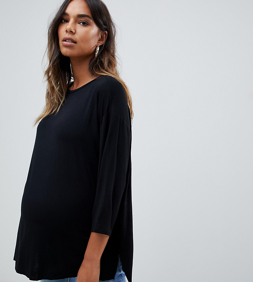 ASOS DESIGN Maternity top with 3/4 sleeves in drapey fabric in black