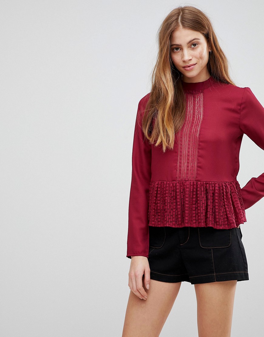 First & I Lace Panel Peplum Top - Red