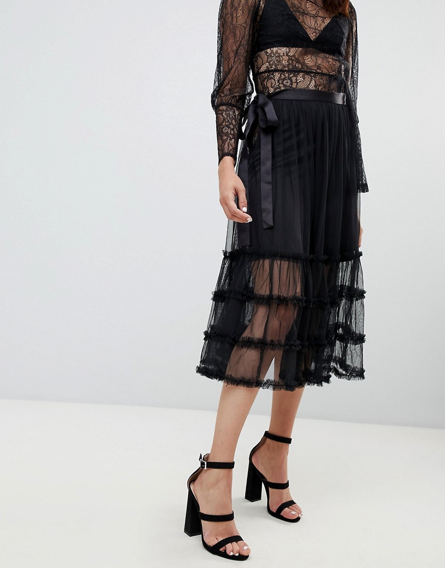 To Be Adored Joy Ruffle Mesh Midi Skirt - Black