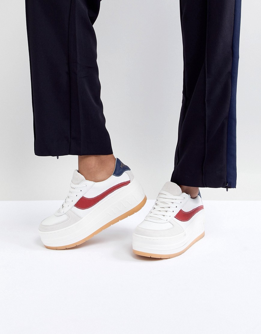 SixtySeven White Leather Flatform Chunky Trainer - White/red/blue