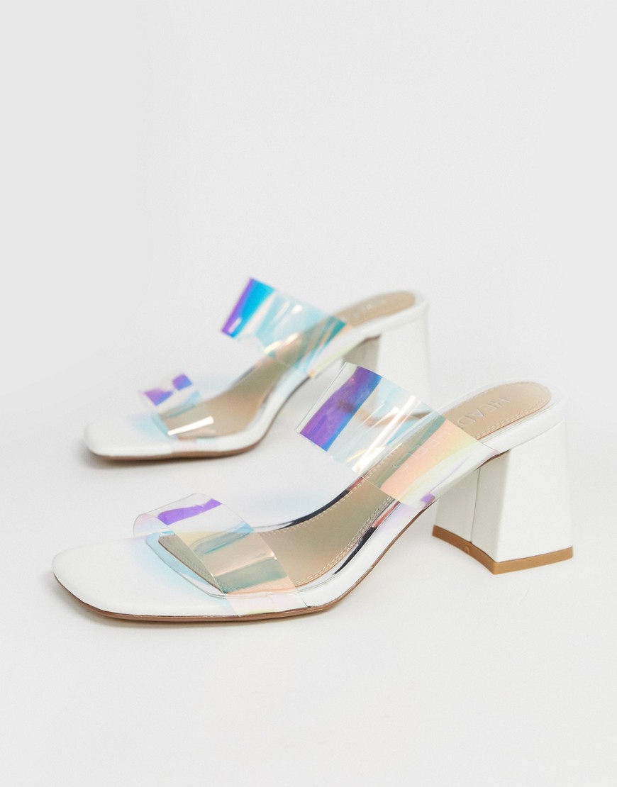 Head Over Heels Mocha white flared block heeled sandals with clear strap detail