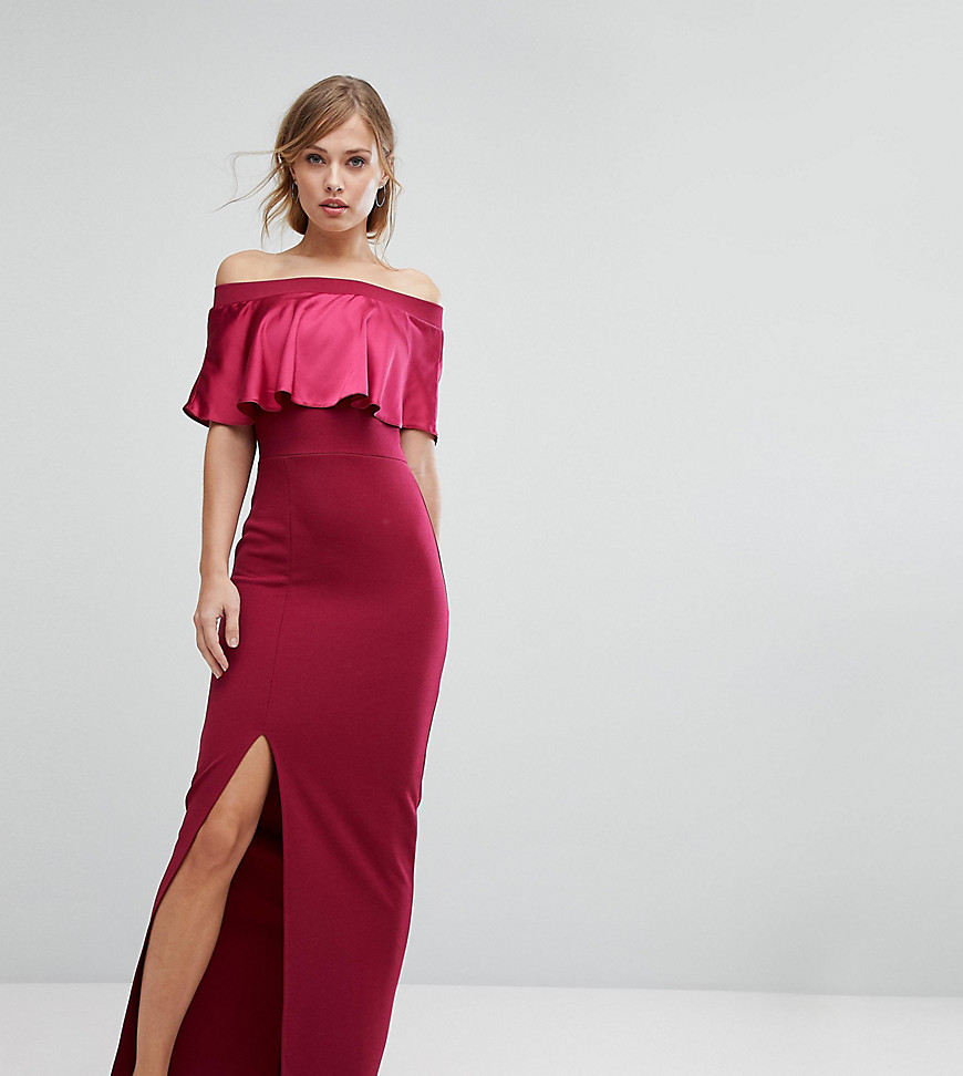 Silver Bloom Satin Contrast Bardot Maxi Dress - Raspberry