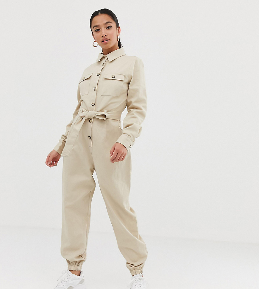 Missguided Petite utility long sleeve belted jumpsuit in beige