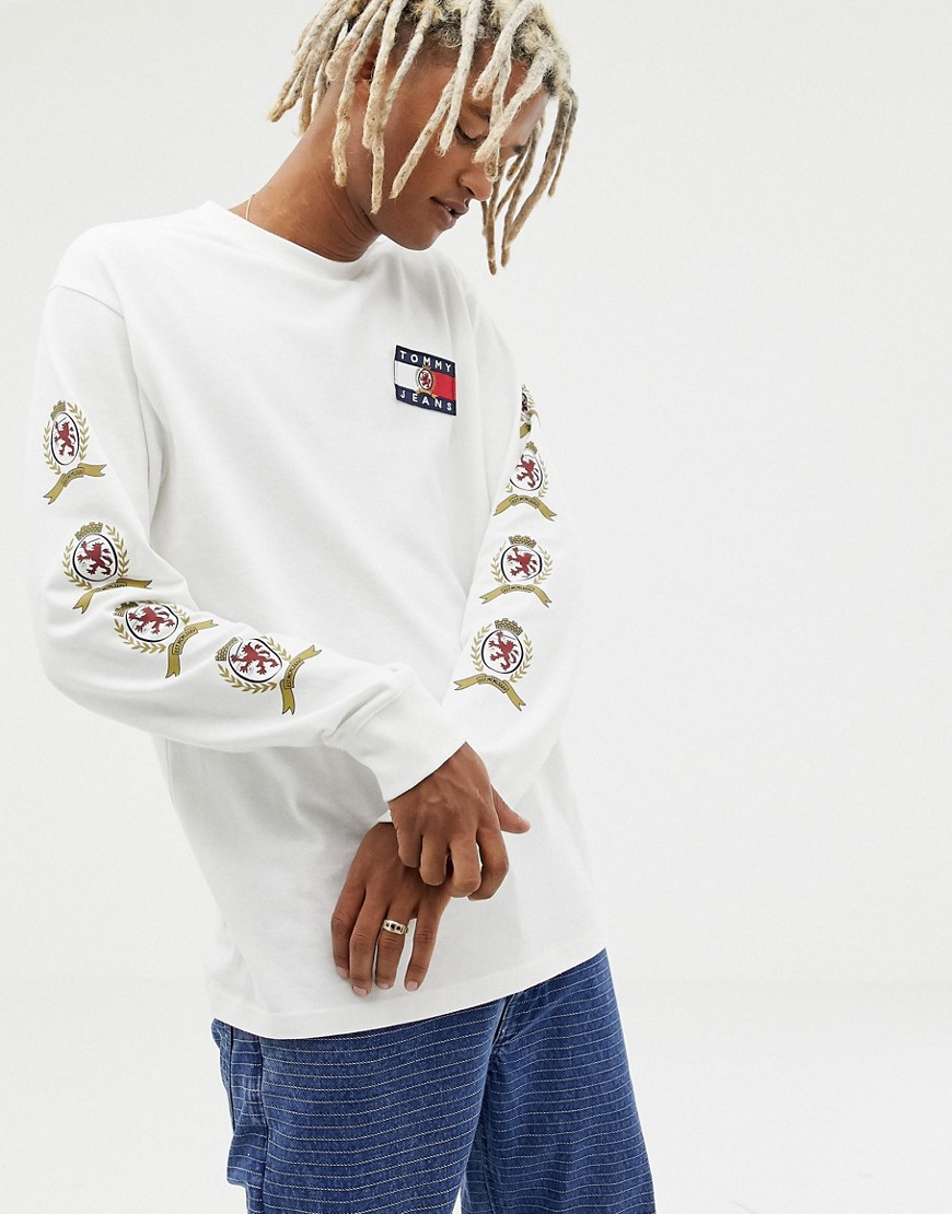 Tommy Jeans 6.0 limited capsule long sleeve top with back and sleeve crest logo in white