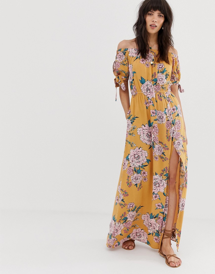 Band Of Gypsies Off Shoulder Maxi Dress With Tie Sleeves In Yellow Floral Print