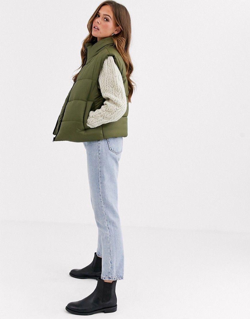 Asos Design Nylon Padded Vest Jacket In Khaki-multi