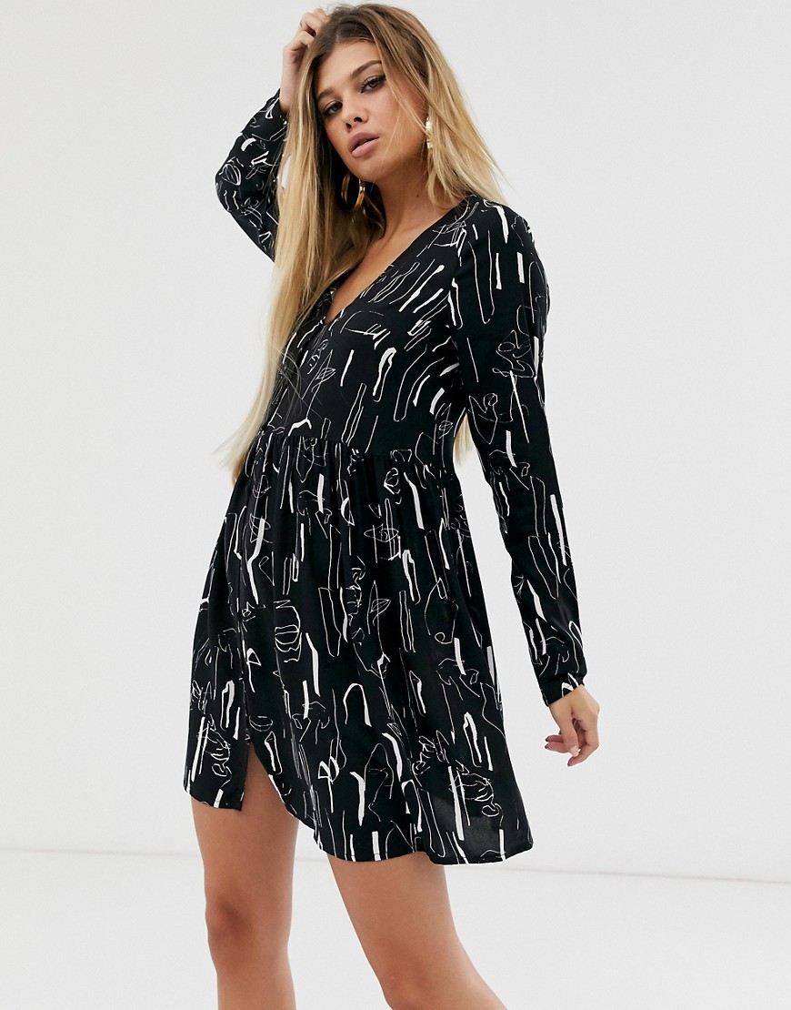 Asos Design Smock Mini Dress With Button Through In Abstract Print-multi