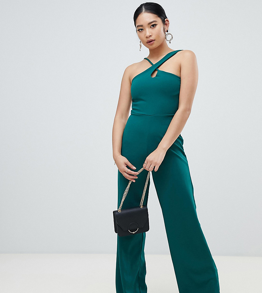 Missguided Petite strappy cross front wide leg jumpsuit in green
