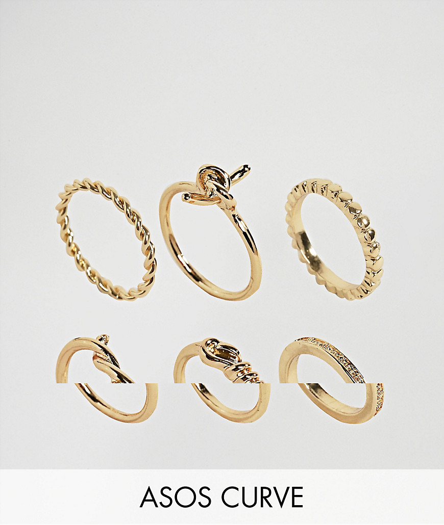 ASOS CURVE Pack of 6 Fine Twist Rings - Gold