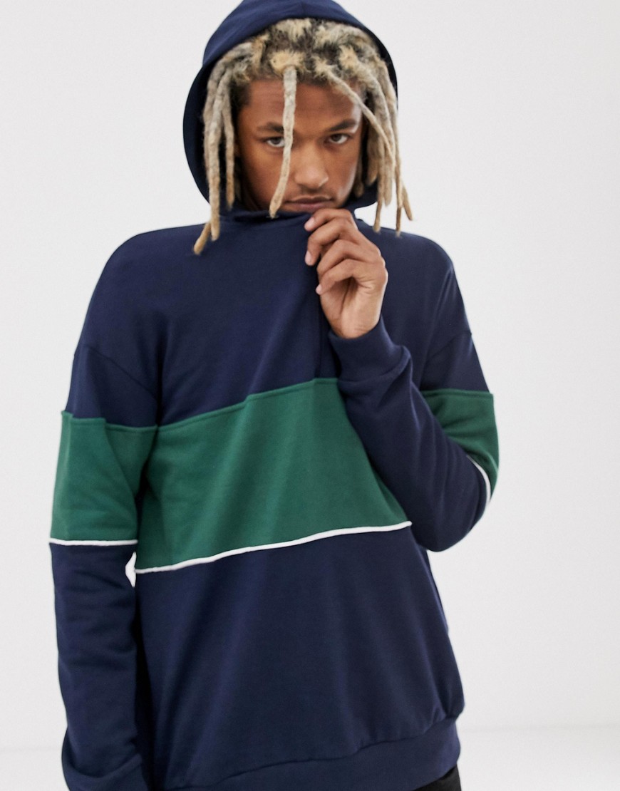 YOURTURN colour block hoodie in navy and green with half zip