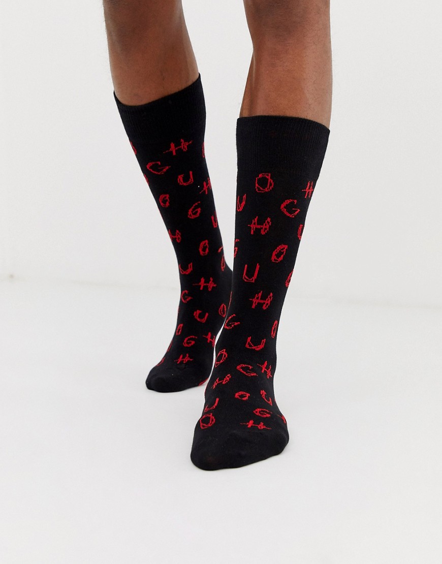 HUGO logo print crew socks in black