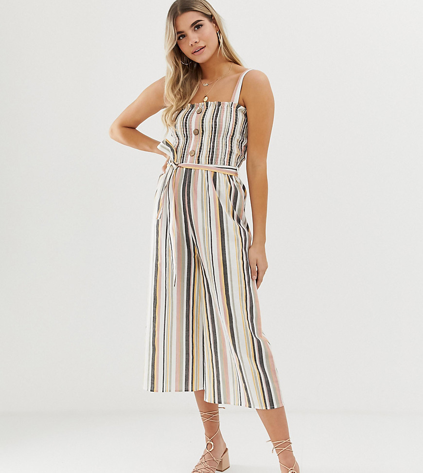 PrettyLittleThing linen culotte jumpsuit with button detail in stripe