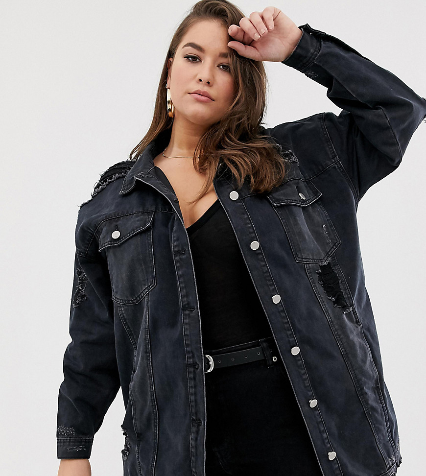 Missguided Plus oversized denim jacket with distressing in black