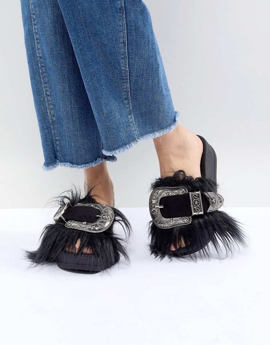 Jeffrey Campbell Furry Sliders with Oversized Western Buckle