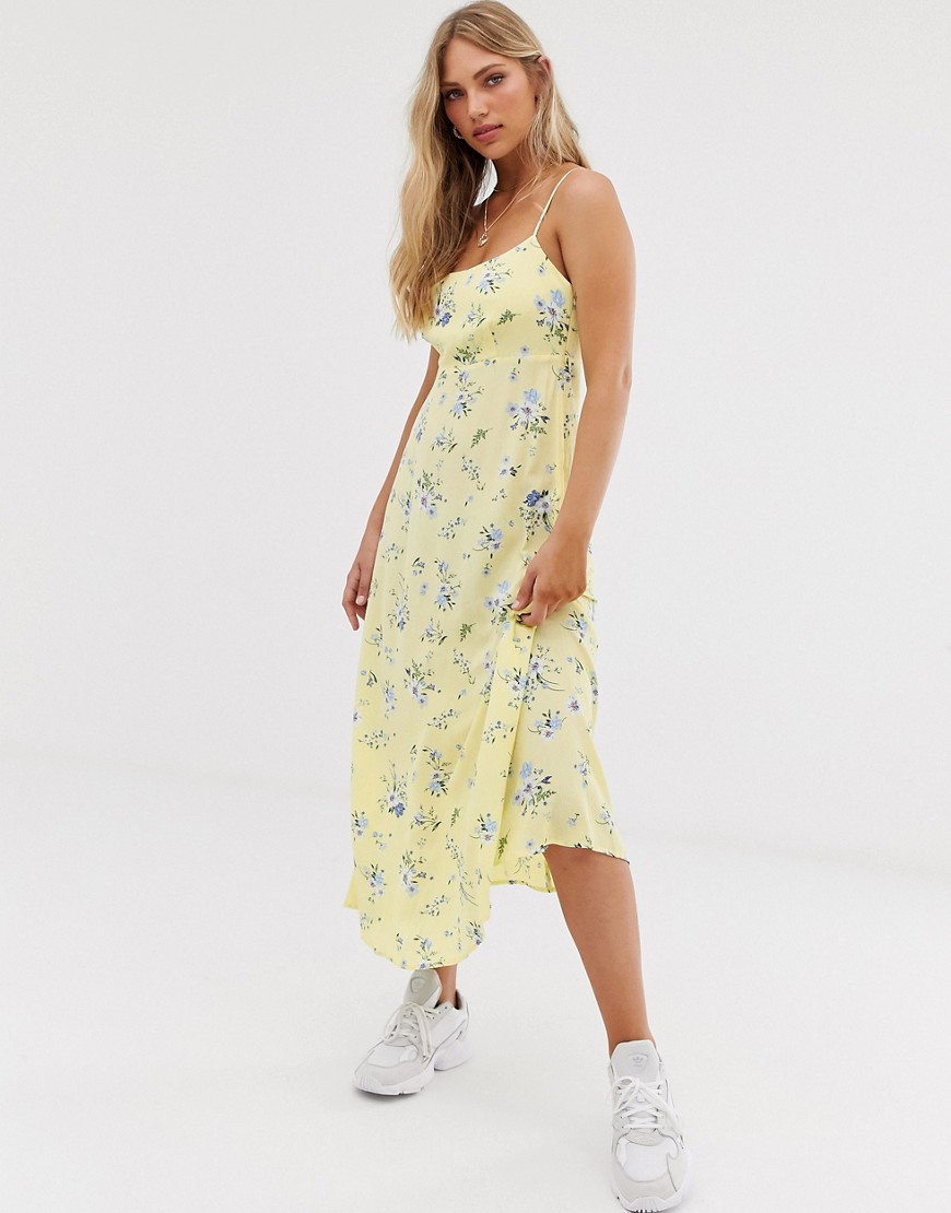 Stradivarius floral midi cami dress with laceback in yellow