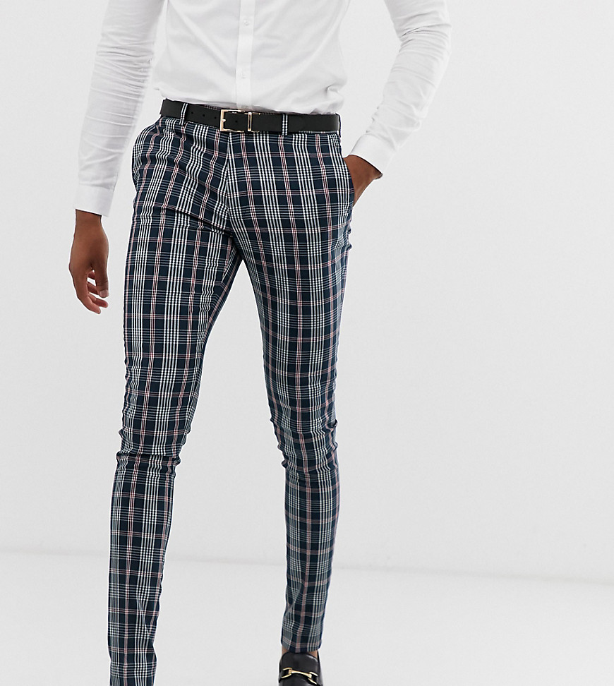 ASOS DESIGN Tall skinny suit trousers in navy tartan check