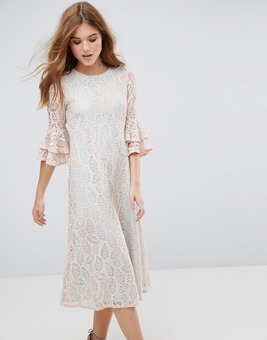 Traffic People Contrast Lace Overlay Midi Dress With Frill Sleeve - Blue