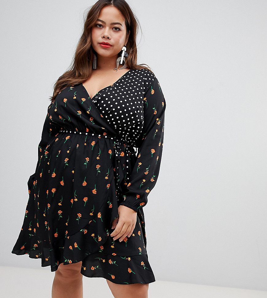 New Look Curve wrap dress in mix and match print - Black pattern