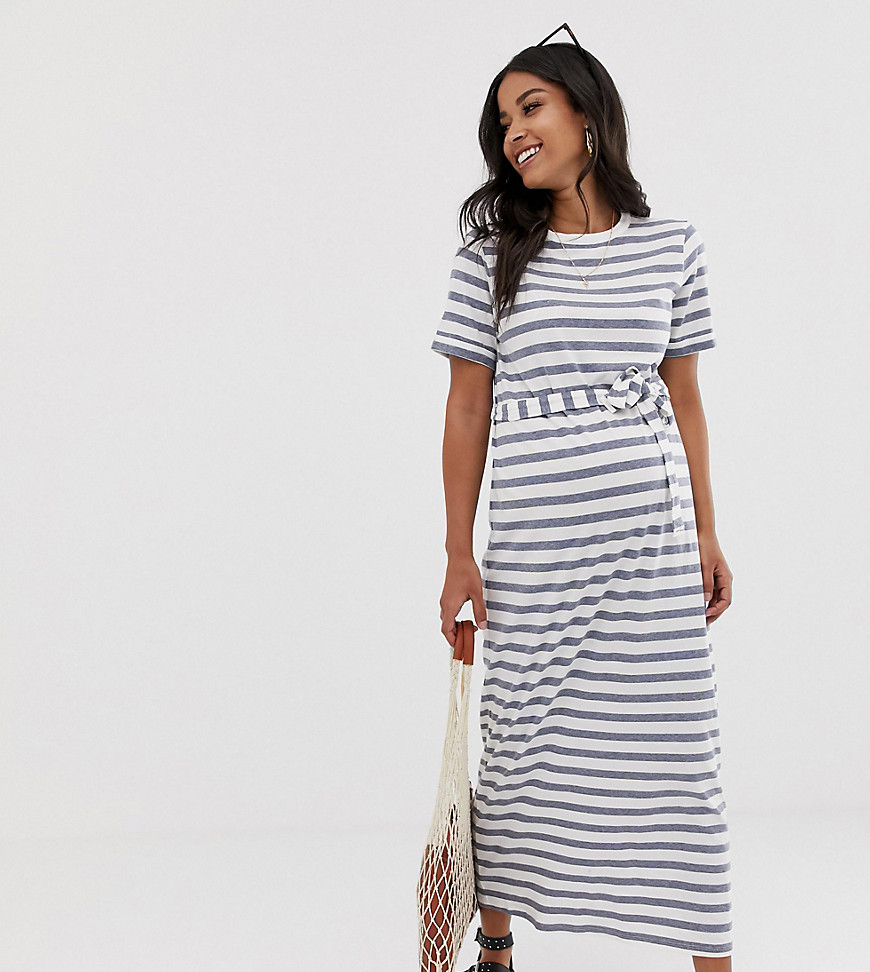 ASOS DESIGN Maternity exclusive maxi t-shirt dress with belt in blue and white stripe